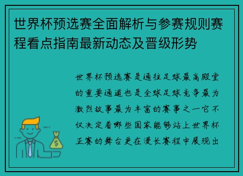 世界杯预选赛全面解析与参赛规则赛程看点指南最新动态及晋级形势