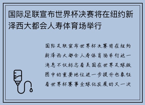 国际足联宣布世界杯决赛将在纽约新泽西大都会人寿体育场举行